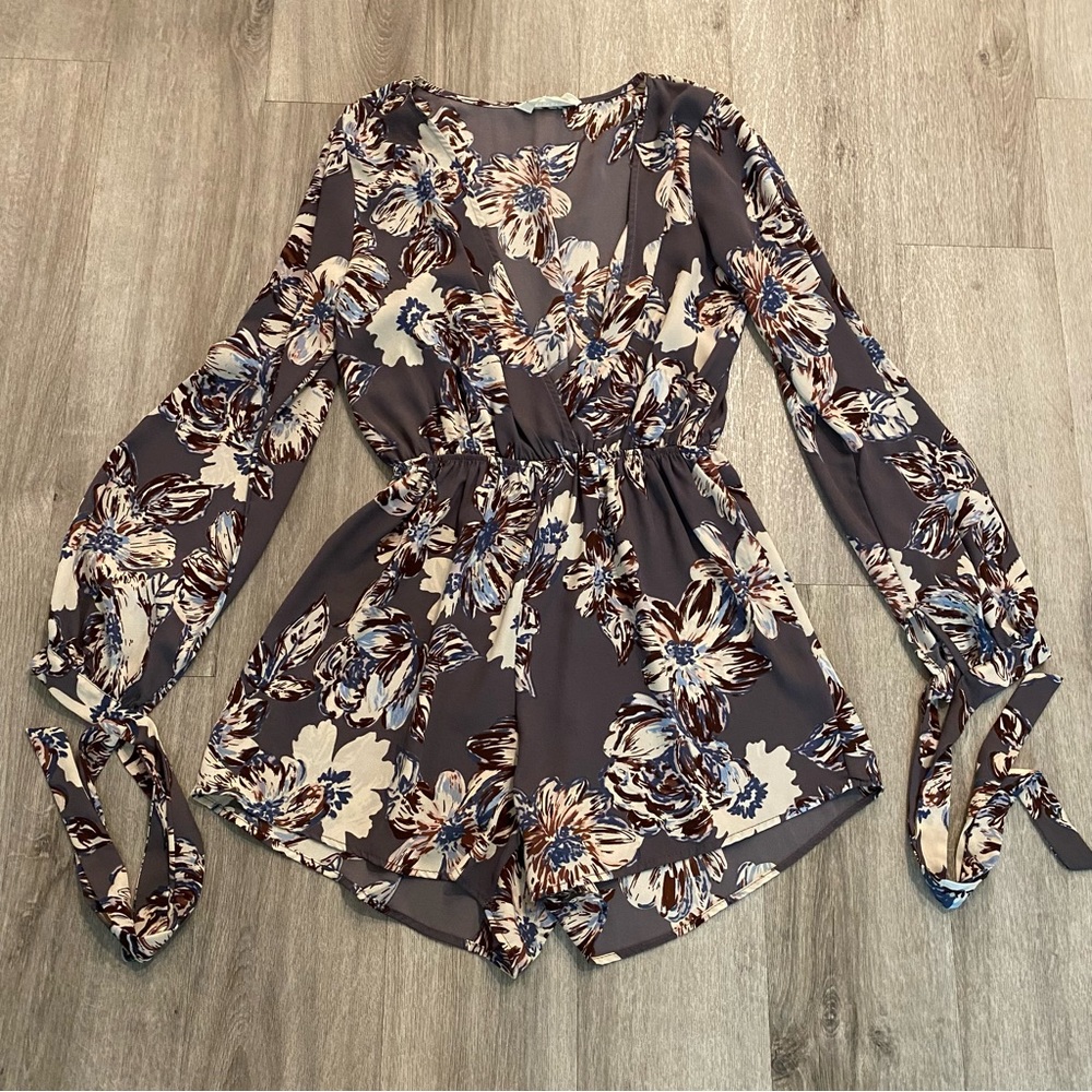 Audrey 3+1 purple long sleeve romper with floral and tie sleeve detail